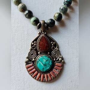Artisan Turquoise,Carnelian,and Coral Silver Statement Necklace